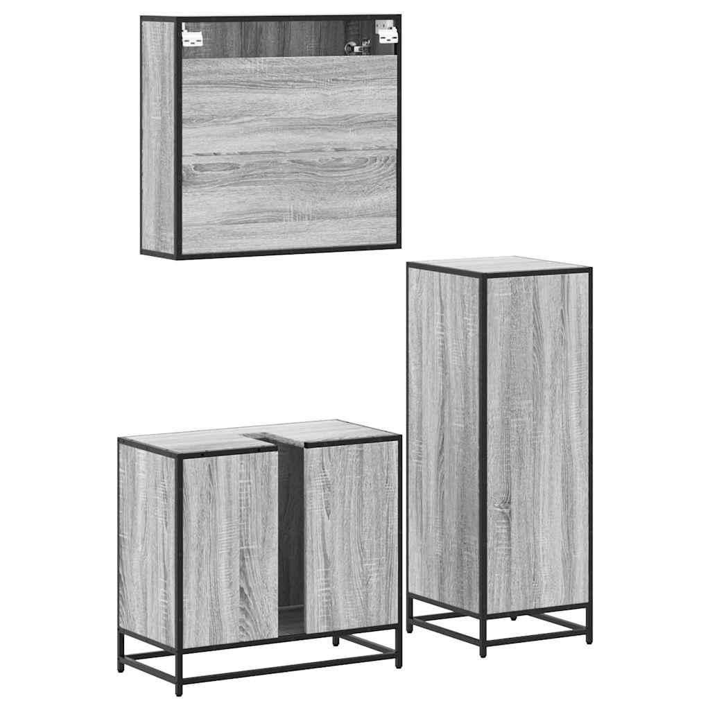 Set mobilier de baie, 3 piese, gri sonoma, lemn prelucrat