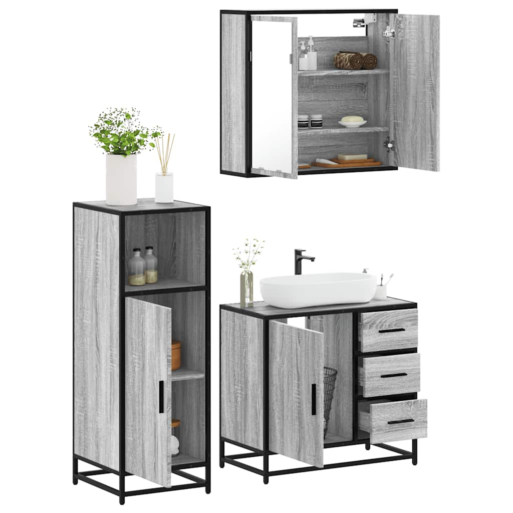 Set mobilier de baie, 3 piese, gri sonoma, lemn prelucrat