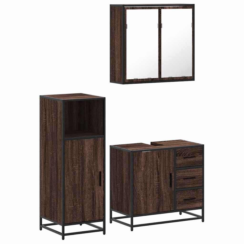 Set mobilier de baie, 3 piese, stejar maro, lemn prelucrat