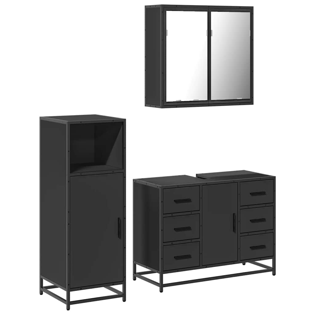 Set mobilier de baie, 3 piese, negru, lemn compozit