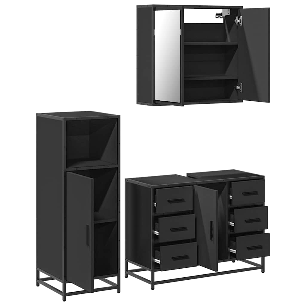 Set mobilier de baie, 3 piese, negru, lemn compozit