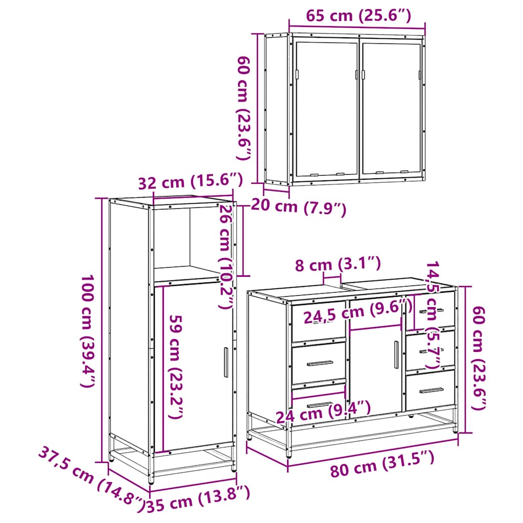 Set mobilier de baie, 3 piese, negru, lemn compozit