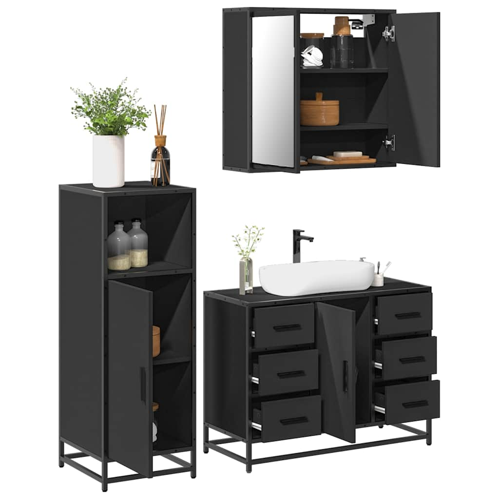 Set mobilier de baie, 3 piese, negru, lemn compozit