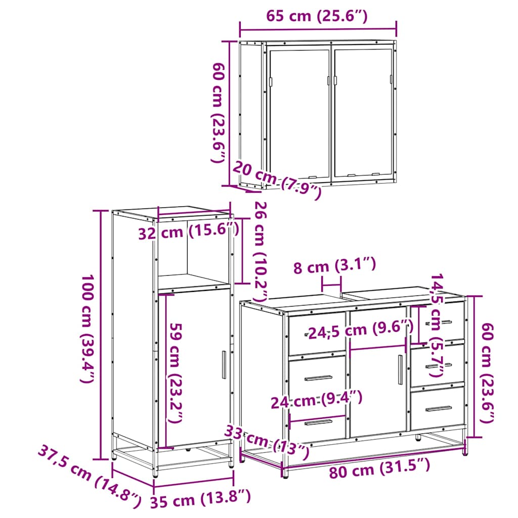 Set mobilier de baie, 3 piese, stejar sonoma, lemn prelucrat