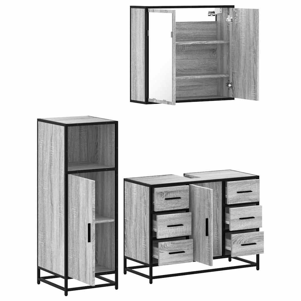 Set mobilier de baie, 3 piese, gri sonoma, lemn prelucrat