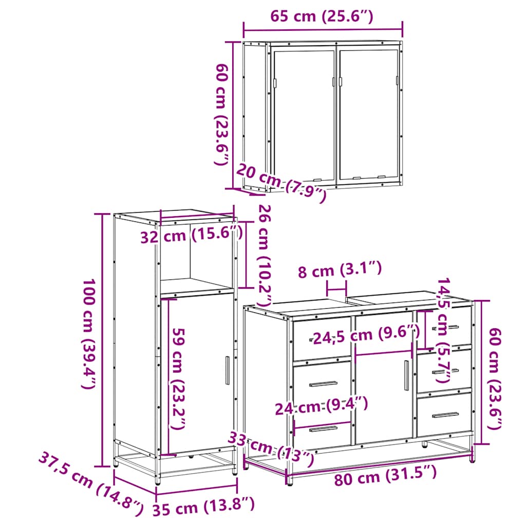 Set mobilier de baie, 3 piese, gri sonoma, lemn prelucrat