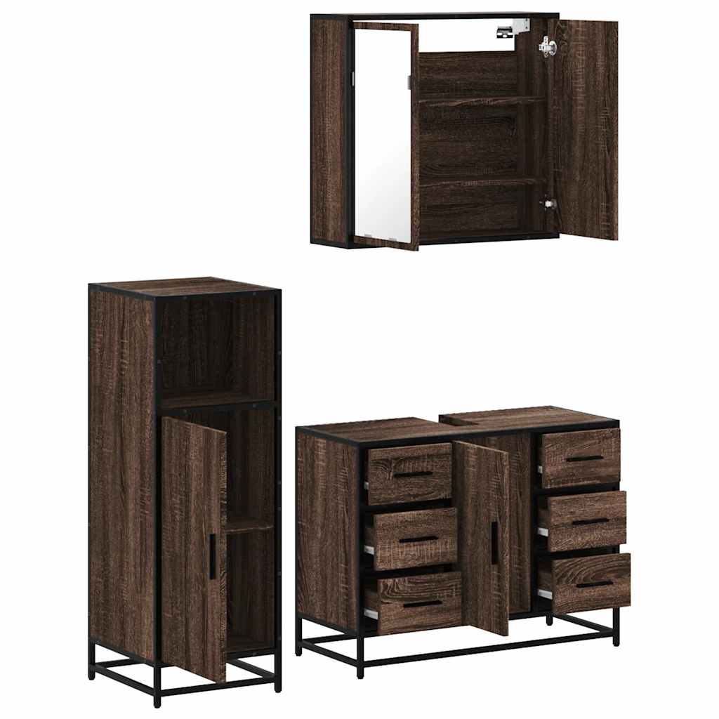 Set mobilier de baie, 3 piese, stejar maro, lemn prelucrat