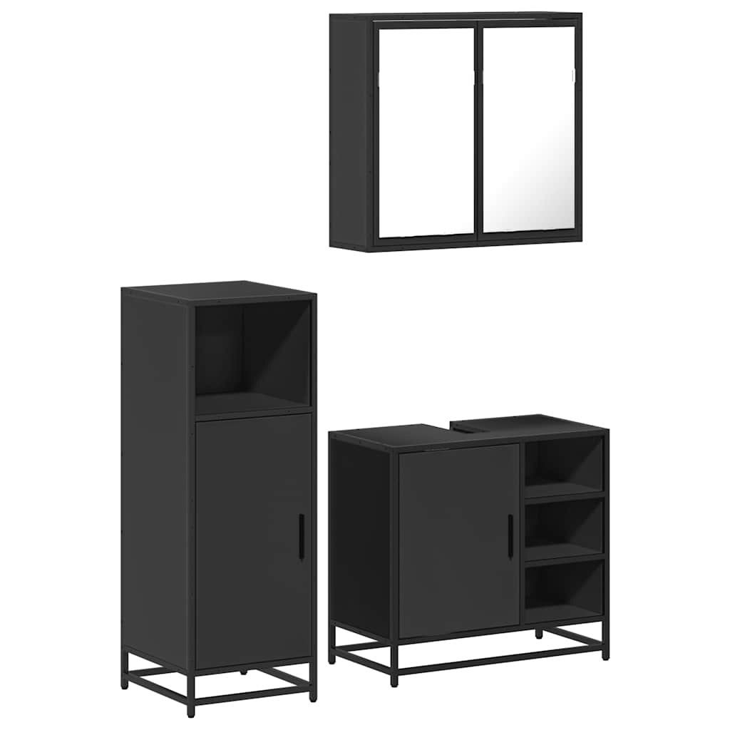 Set mobilier de baie, 3 piese, negru, lemn compozit