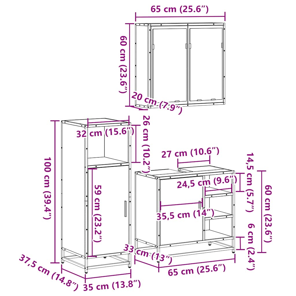 Set mobilier de baie, 3 piese, negru, lemn compozit