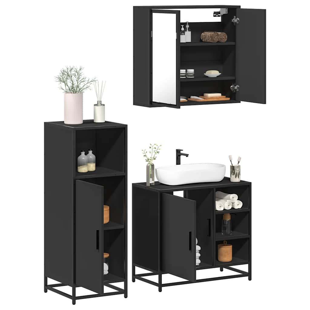 Set mobilier de baie, 3 piese, negru, lemn compozit