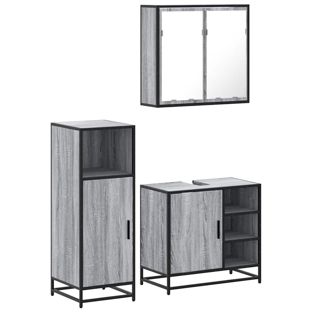 Set mobilier de baie, 3 piese, gri sonoma, lemn prelucrat