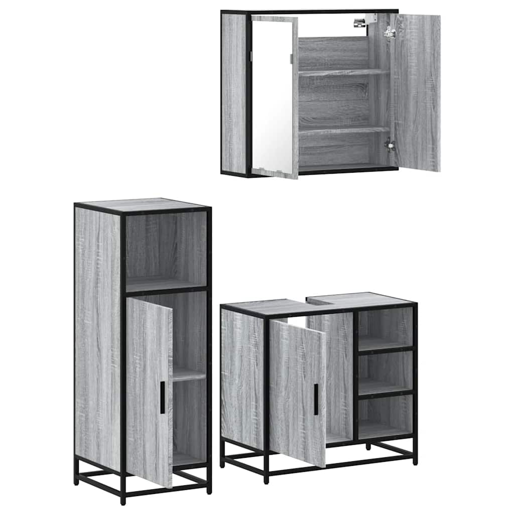 Set mobilier de baie, 3 piese, gri sonoma, lemn prelucrat