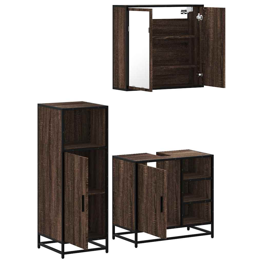 Set mobilier de baie, 3 piese, stejar maro, lemn prelucrat