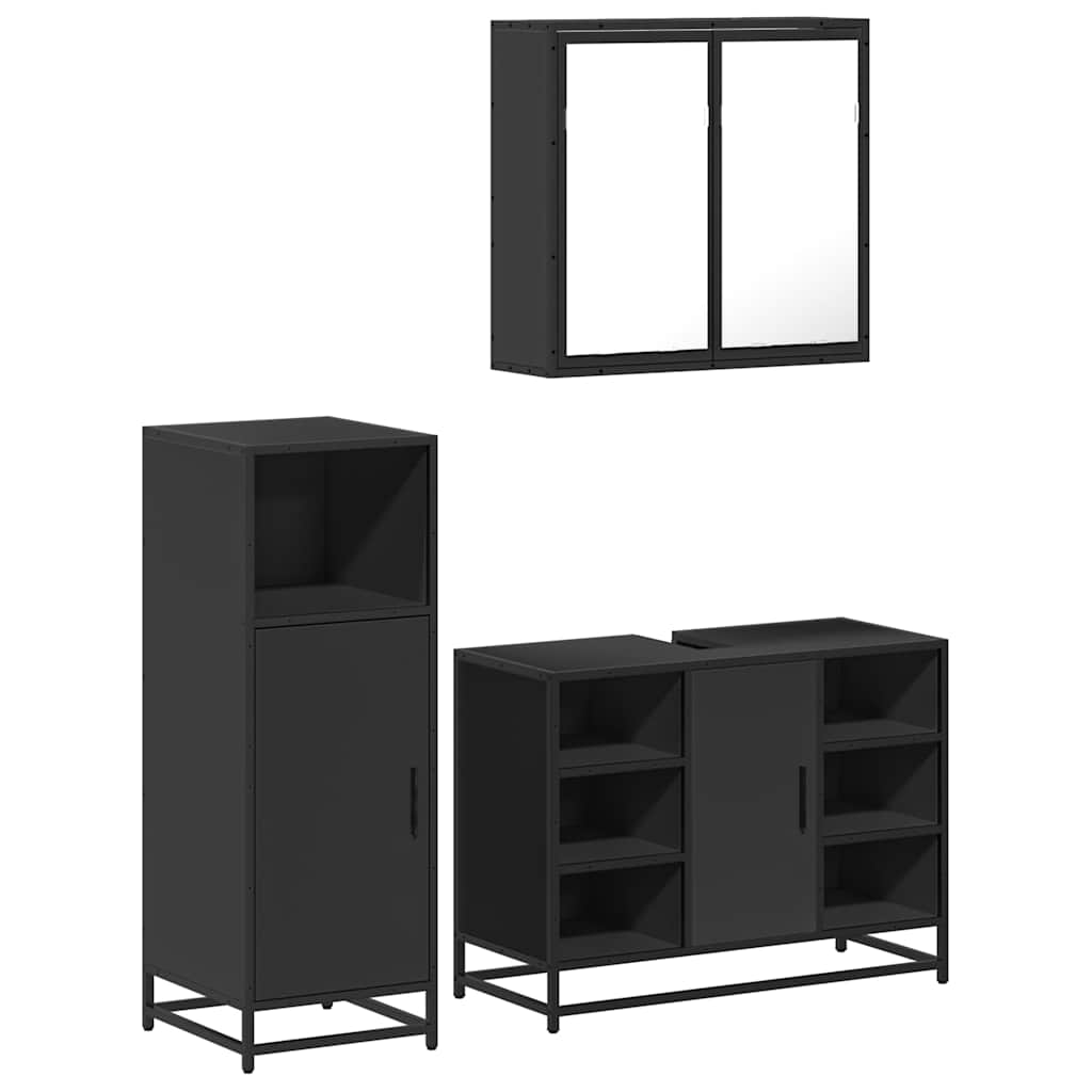 Set mobilier de baie, 3 piese, negru, lemn compozit