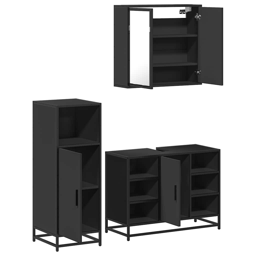 Set mobilier de baie, 3 piese, negru, lemn compozit