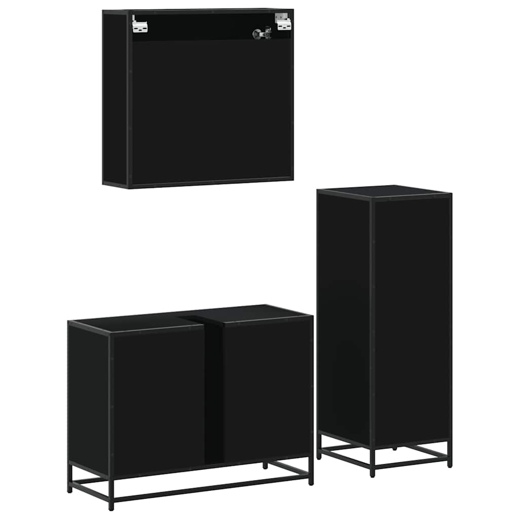 Set mobilier de baie, 3 piese, negru, lemn compozit