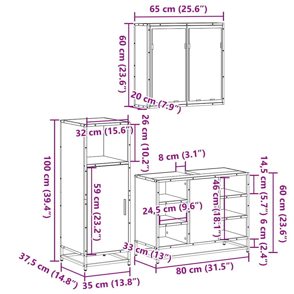 Set mobilier de baie, 3 piese, negru, lemn compozit