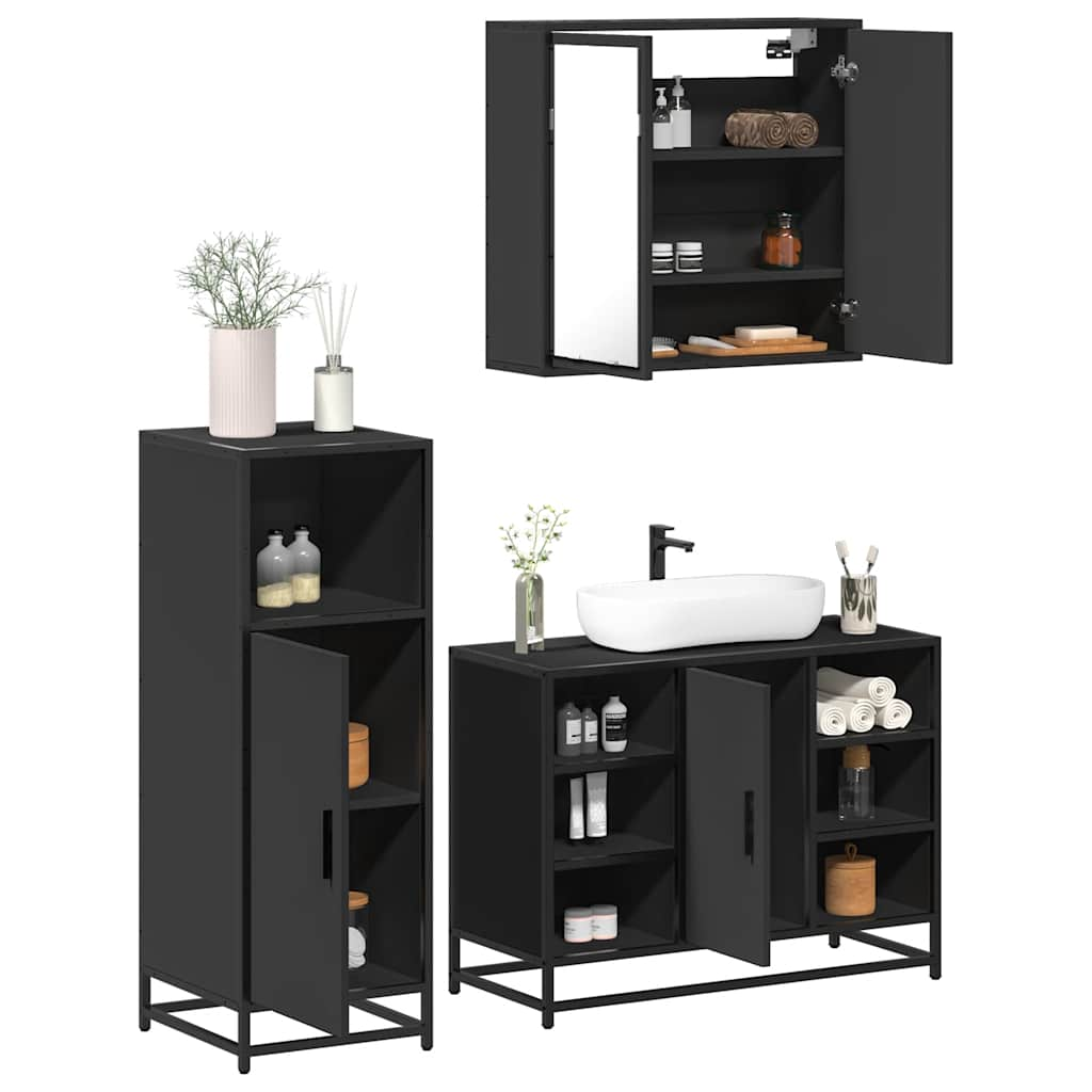 Set mobilier de baie, 3 piese, negru, lemn compozit