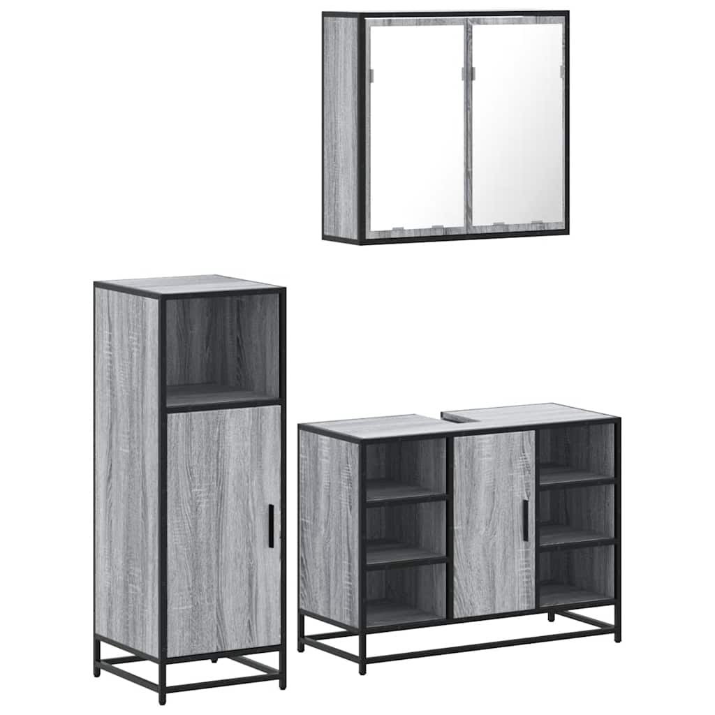 Set mobilier de baie, 3 piese, gri sonoma, lemn prelucrat