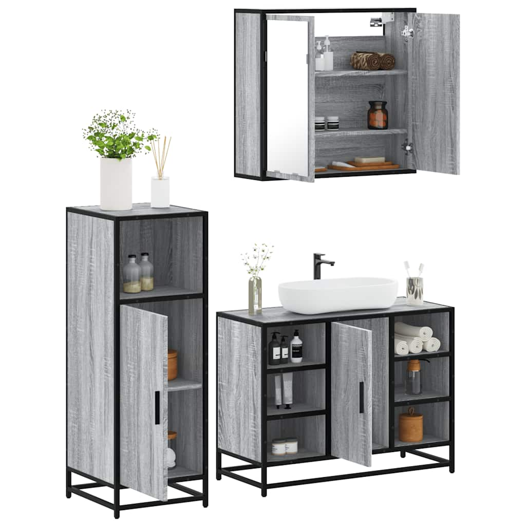 Set mobilier de baie, 3 piese, gri sonoma, lemn prelucrat