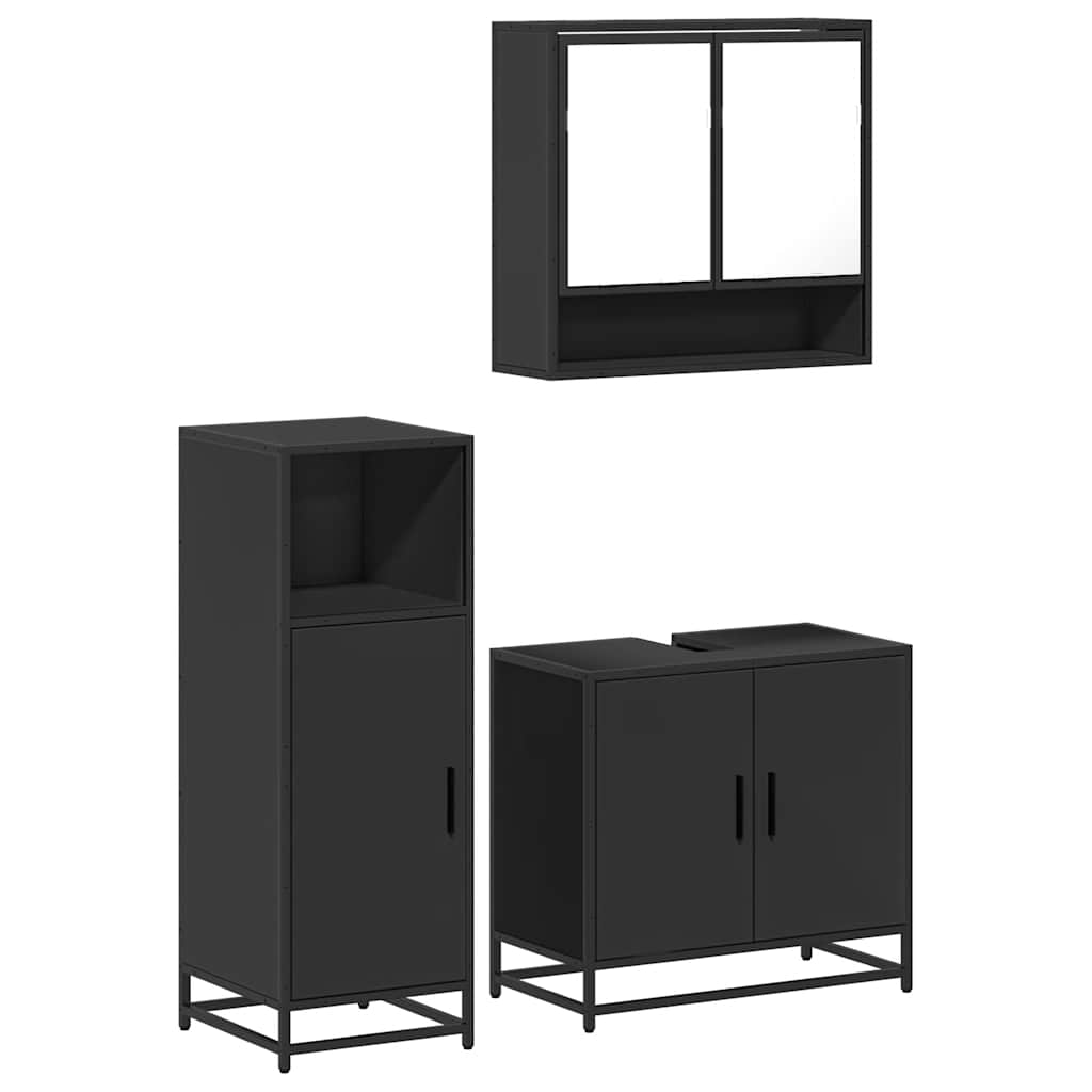 Set mobilier de baie, 3 piese, negru, lemn compozit