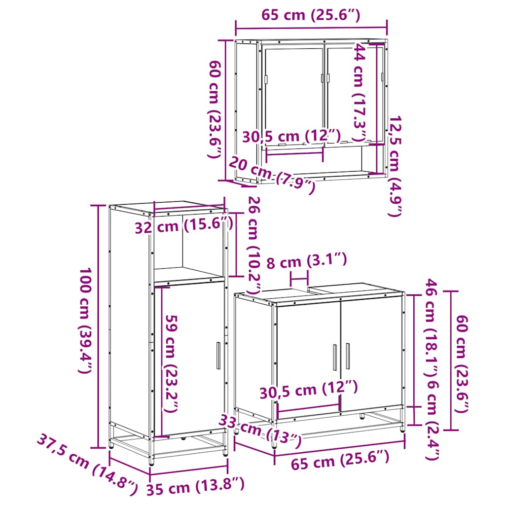 Set mobilier de baie, 3 piese, negru, lemn compozit