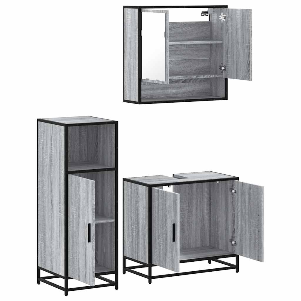 Set mobilier de baie, 3 piese, gri sonoma, lemn prelucrat