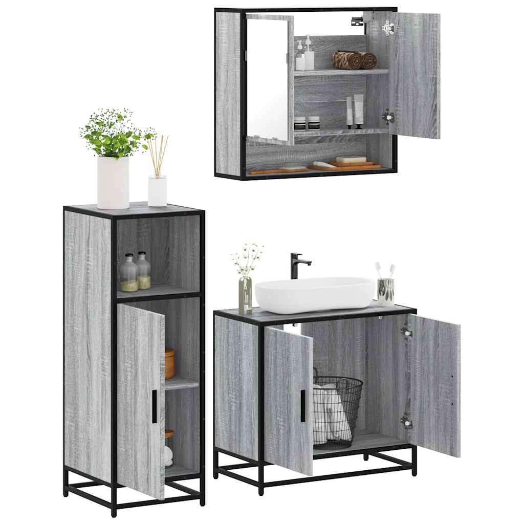 Set mobilier de baie, 3 piese, gri sonoma, lemn prelucrat