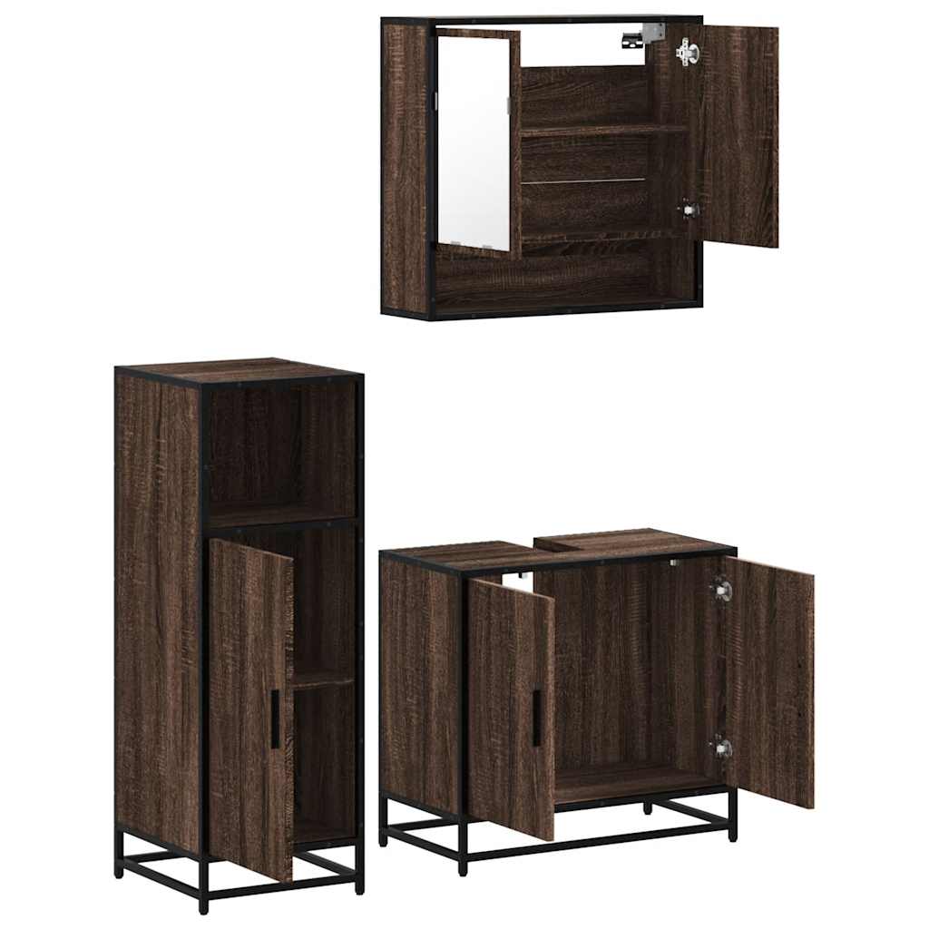 Set mobilier de baie, 3 piese, stejar maro, lemn prelucrat