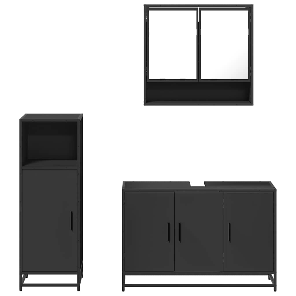 Set mobilier de baie, 3 piese, negru, lemn compozit