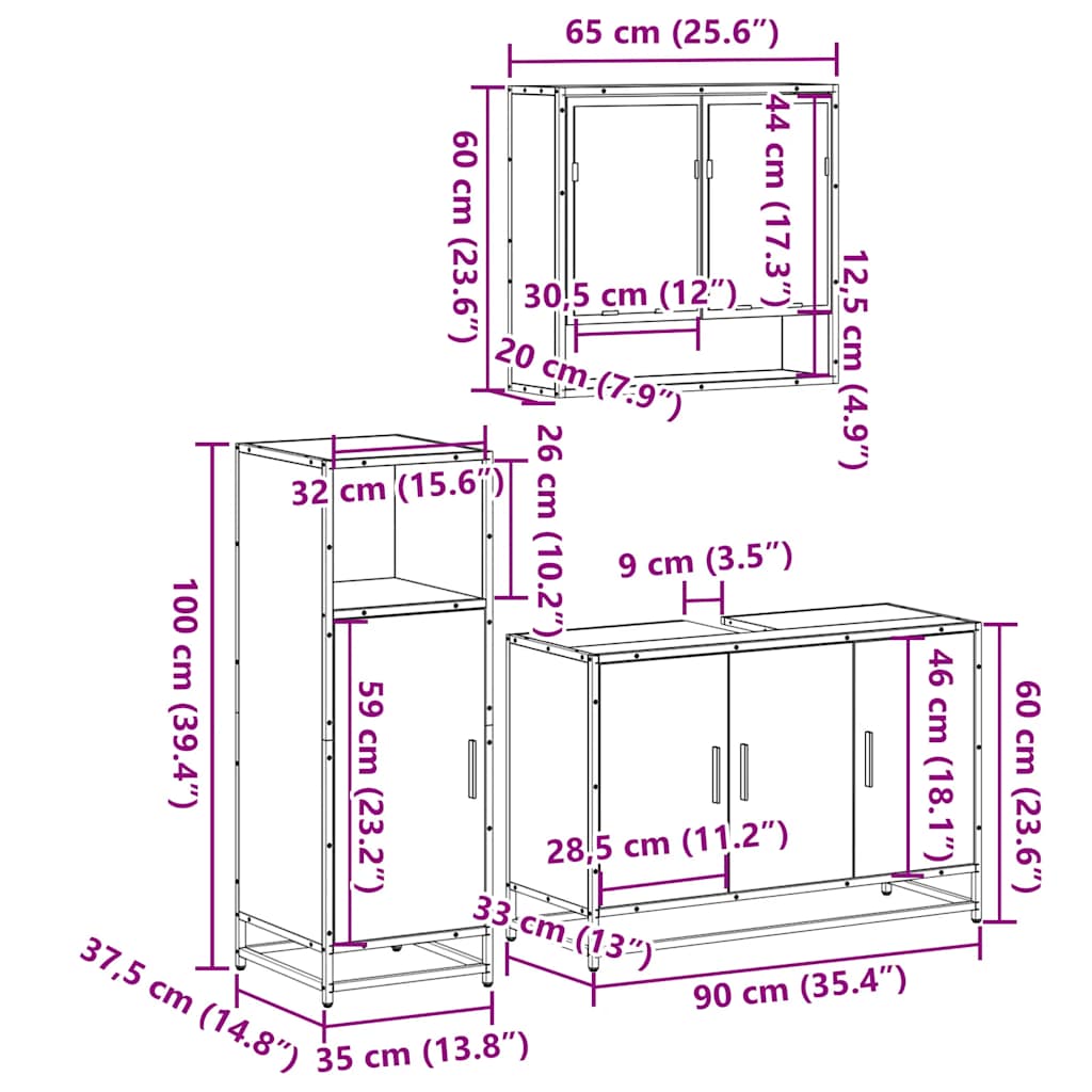 Set mobilier de baie, 3 piese, stejar sonoma, lemn prelucrat