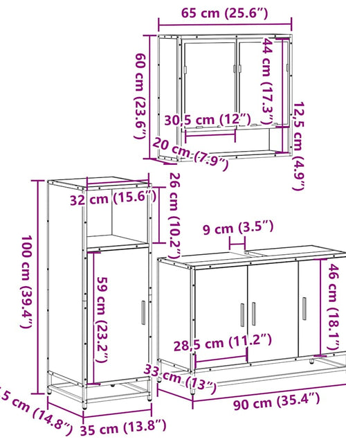 Încărcați imaginea în vizualizatorul Galerie, Set mobilier de baie, 3 piese, stejar fumuriu, lemn prelucrat
