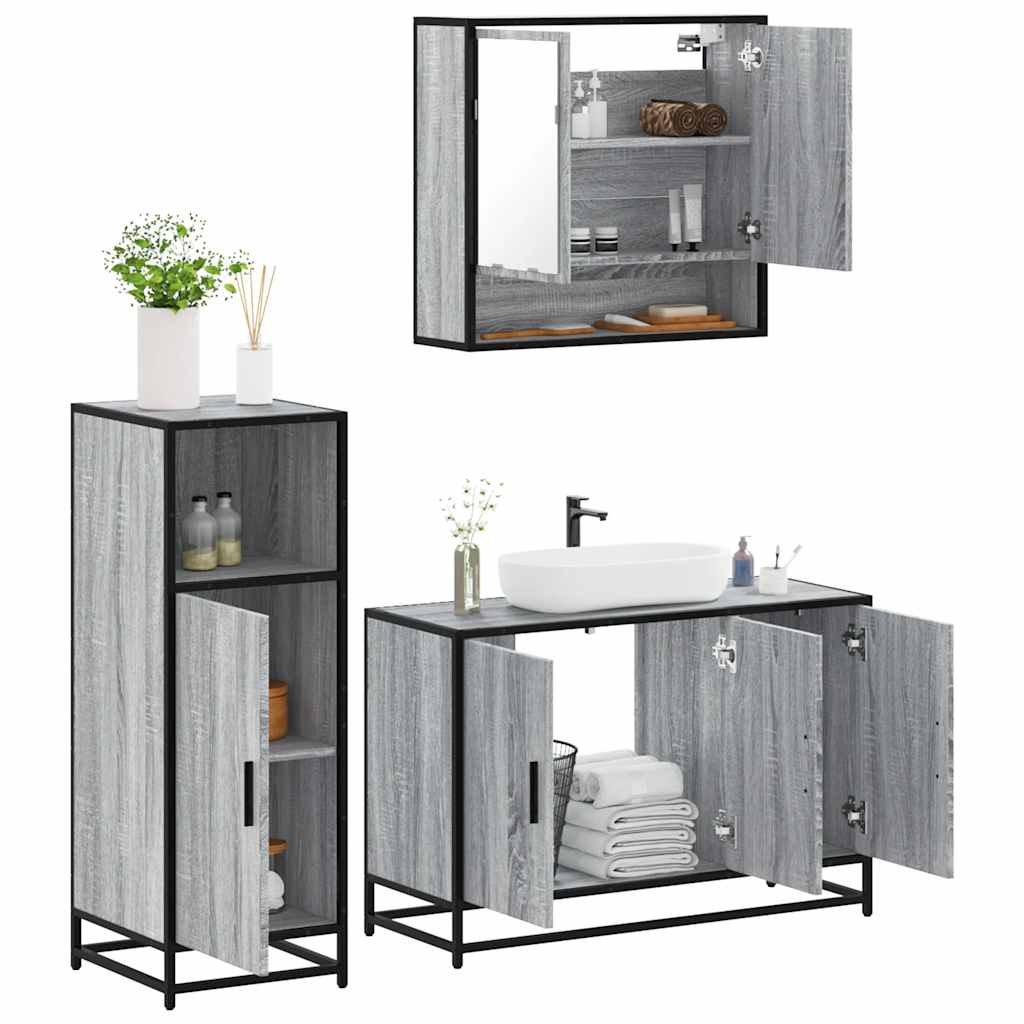 Set mobilier de baie, 3 piese, gri sonoma, lemn prelucrat