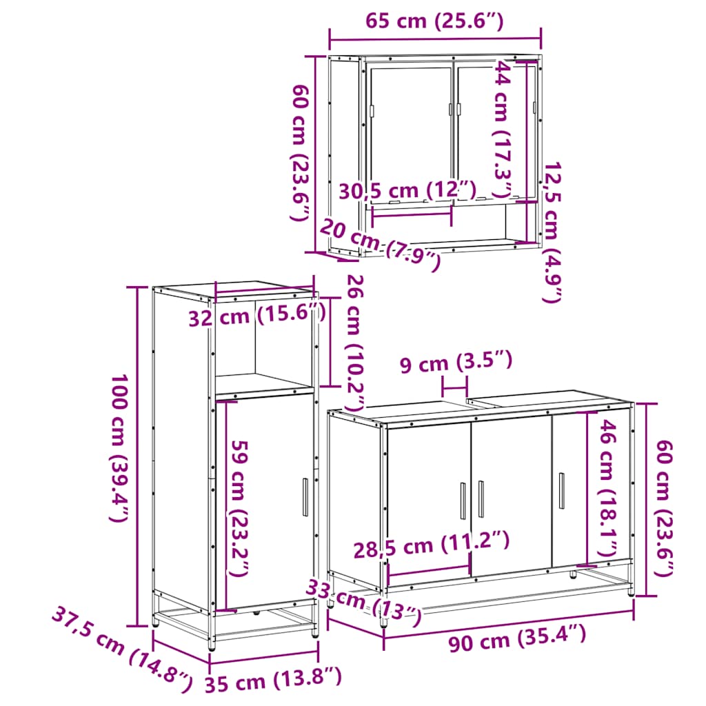 Set mobilier de baie, 3 piese, stejar maro, lemn prelucrat