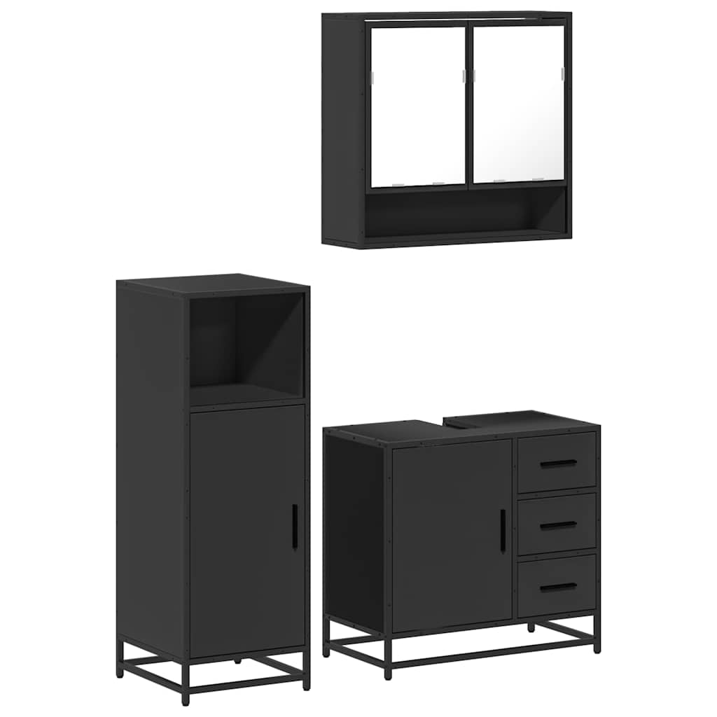 Set mobilier de baie, 3 piese, negru, lemn compozit