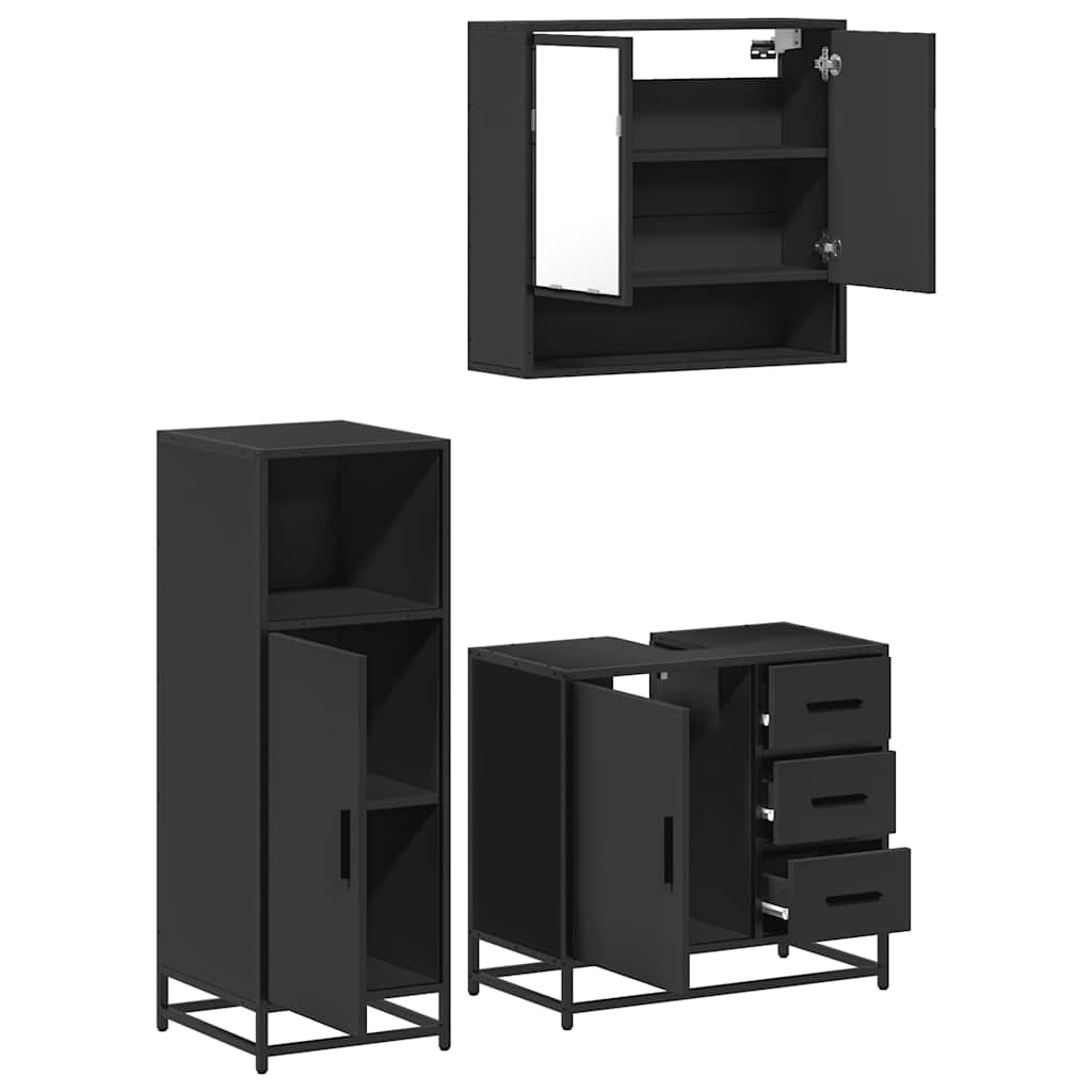 Set mobilier de baie, 3 piese, negru, lemn compozit