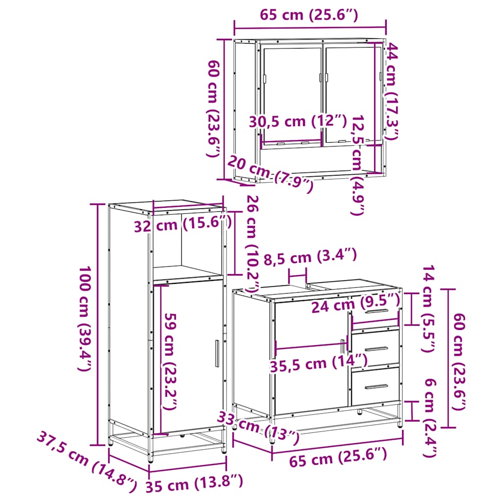 Set mobilier de baie, 3 piese, stejar sonoma, lemn prelucrat