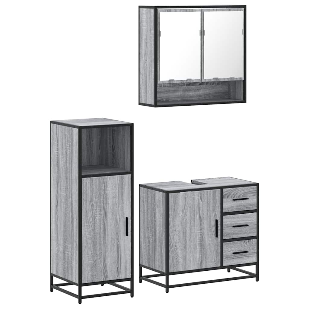 Set mobilier de baie, 3 piese, gri sonoma, lemn prelucrat