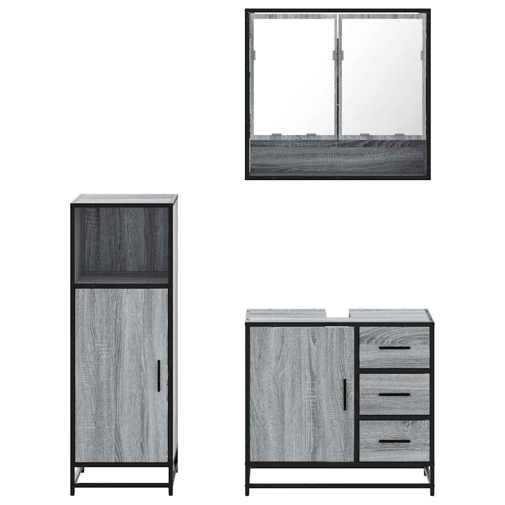 Set mobilier de baie, 3 piese, gri sonoma, lemn prelucrat