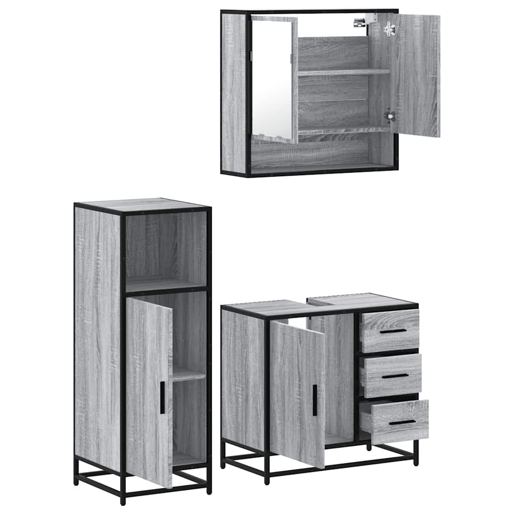 Set mobilier de baie, 3 piese, gri sonoma, lemn prelucrat