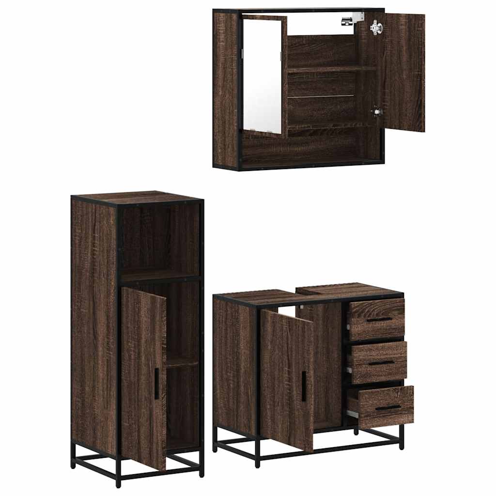 Set mobilier de baie, 3 piese, stejar maro, lemn prelucrat