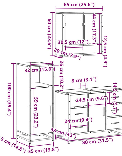 Încărcați imaginea în vizualizatorul Galerie, Set mobilier de baie, 3 piese, stejar fumuriu, lemn prelucrat
