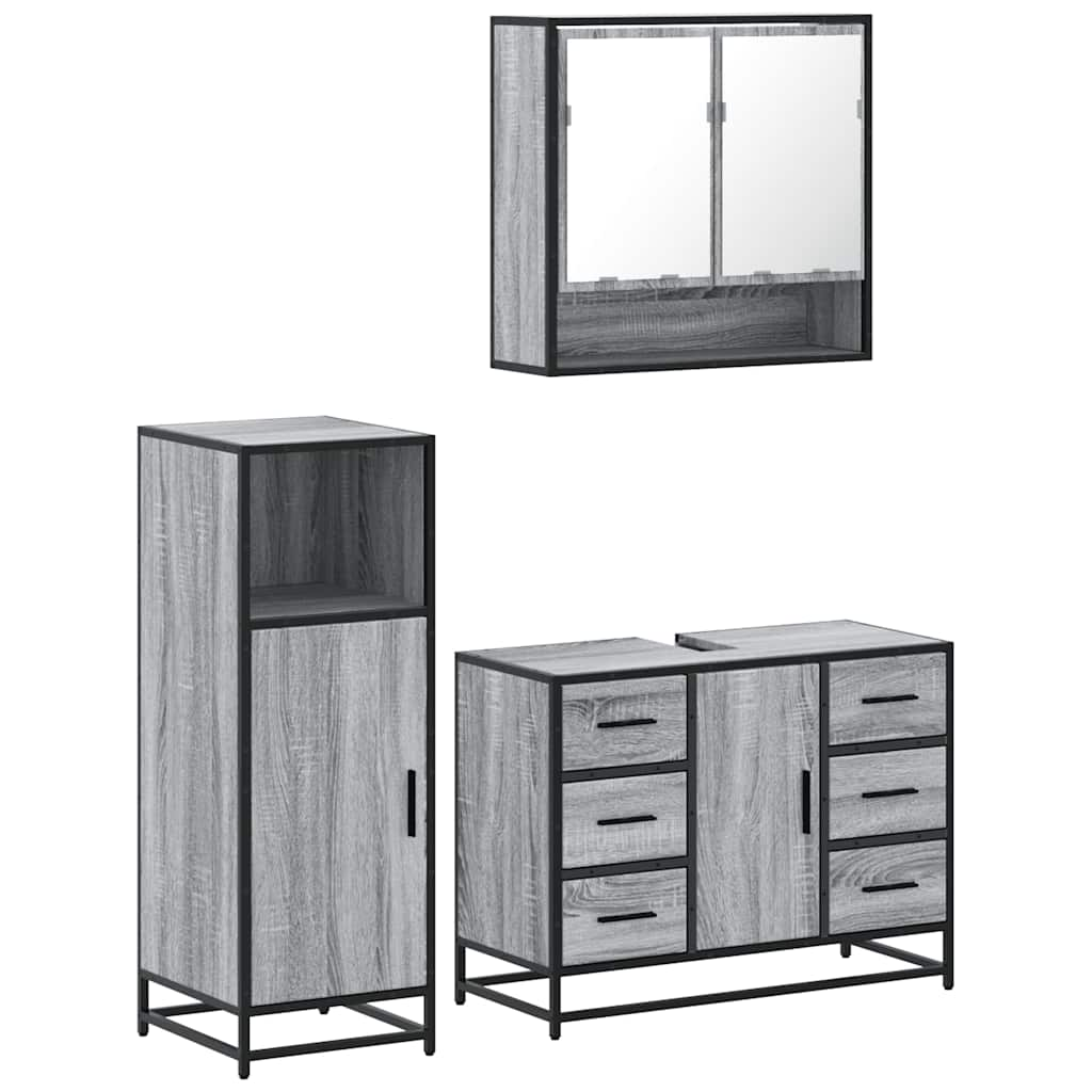 Set mobilier de baie, 3 piese, gri sonoma, lemn prelucrat