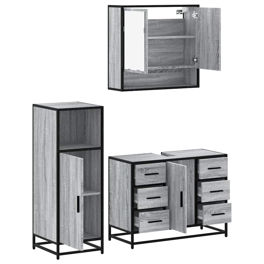 Set mobilier de baie, 3 piese, gri sonoma, lemn prelucrat