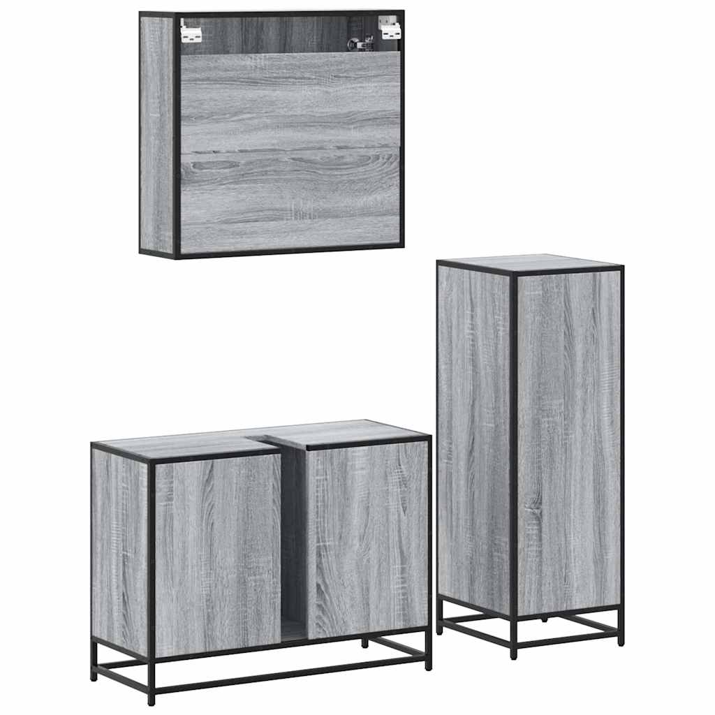 Set mobilier de baie, 3 piese, gri sonoma, lemn prelucrat