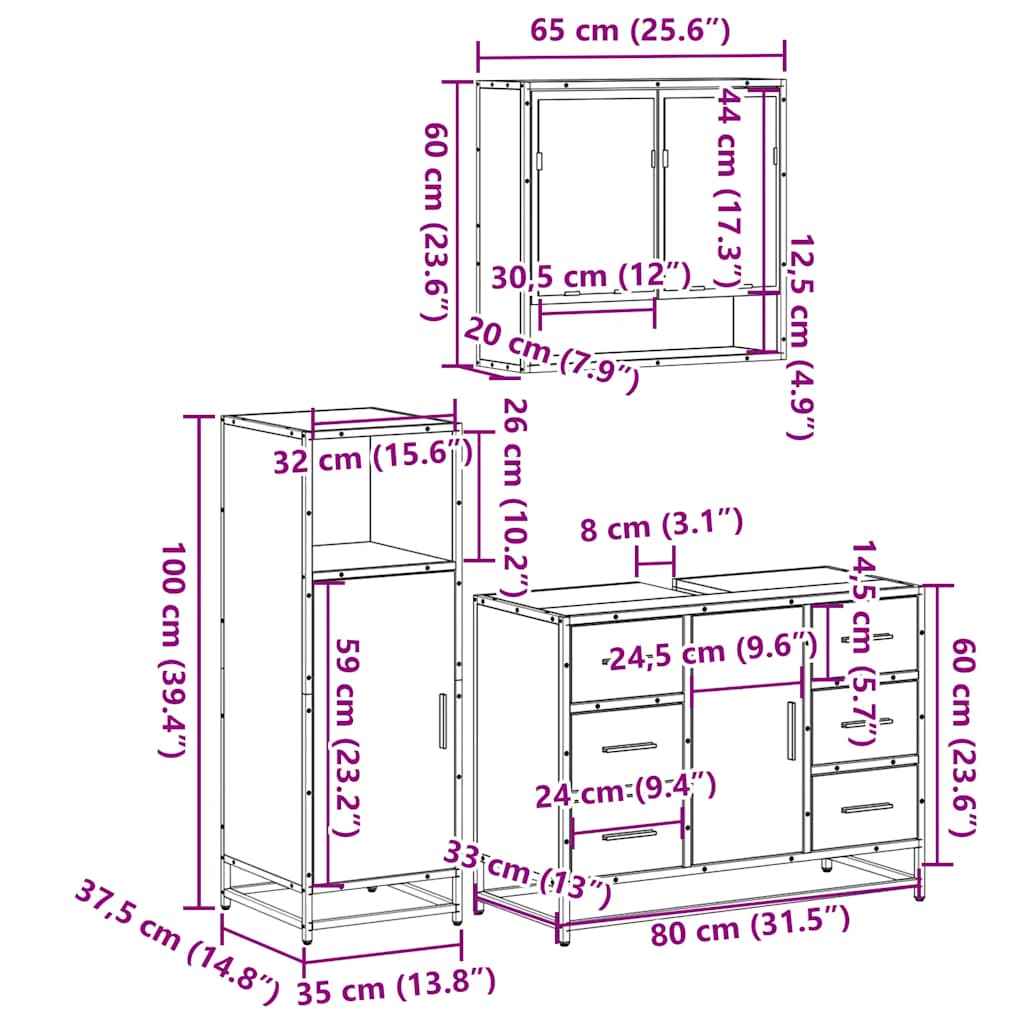 Set mobilier de baie, 3 piese, gri sonoma, lemn prelucrat