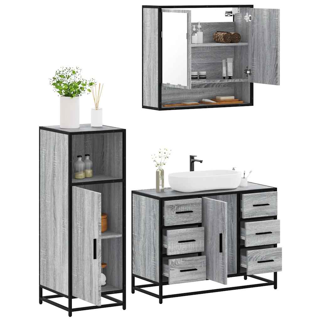 Set mobilier de baie, 3 piese, gri sonoma, lemn prelucrat