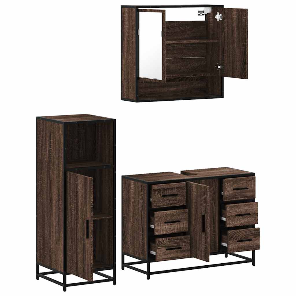 Set mobilier de baie, 3 piese, stejar maro, lemn prelucrat