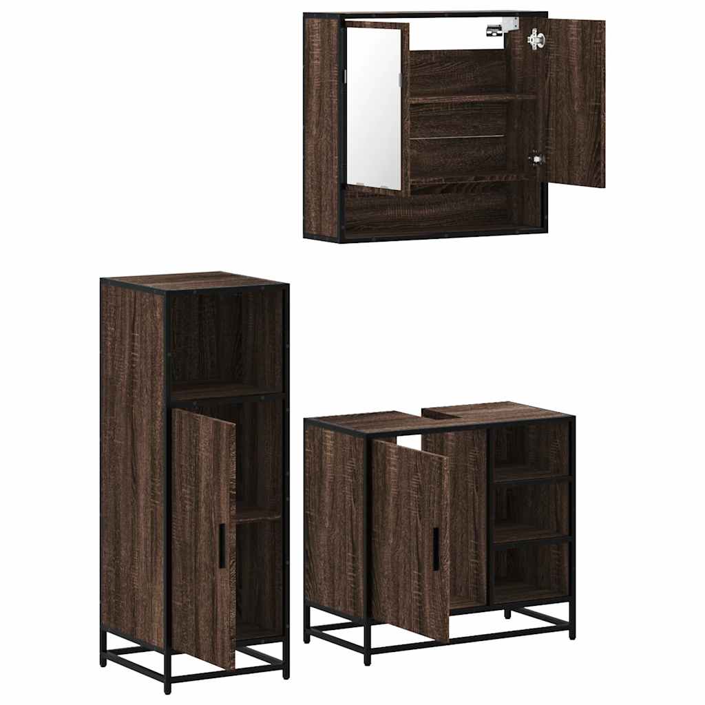 Set mobilier de baie, 3 piese, stejar maro, lemn prelucrat