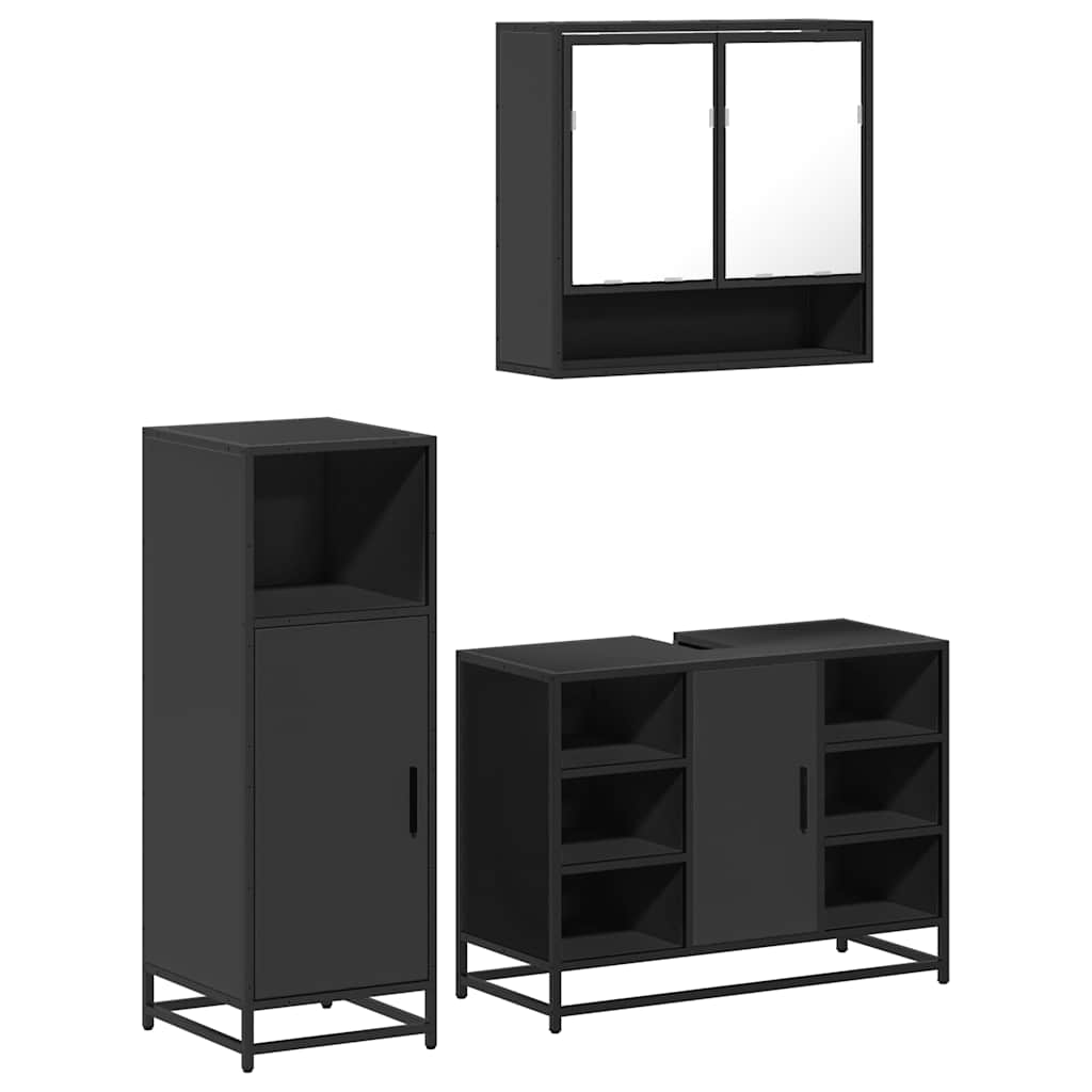 Set mobilier de baie, 3 piese, negru, lemn compozit